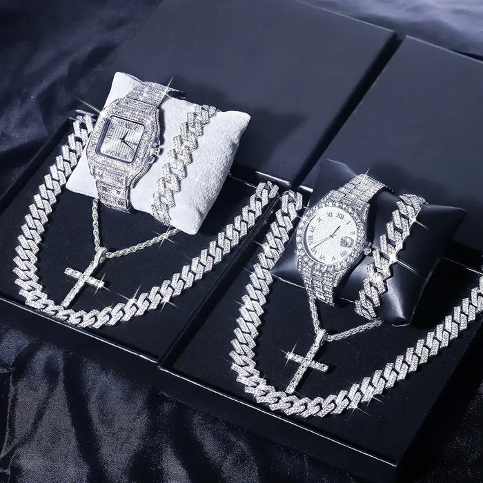 Luxury 4-Piece Silver Ice Flash Set – Cross Pendant Necklace, Cuban Link Chain, Bracelet & Watch  💎