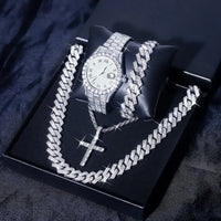 Luxury 4-Piece Silver Ice Flash Set – Cross Pendant Necklace, Cuban Link Chain, Bracelet & Watch  💎