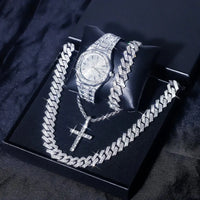 Luxury 4-Piece Silver Ice Flash Set – Cross Pendant Necklace, Cuban Link Chain, Bracelet & Watch  💎