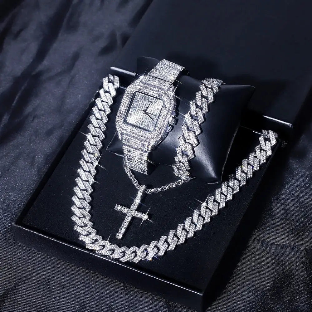 Luxury 4-Piece Silver Ice Flash Set – Cross Pendant Necklace, Cuban Link Chain, Bracelet & Watch  💎