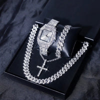 Luxury 4-Piece Silver Ice Flash Set – Cross Pendant Necklace, Cuban Link Chain, Bracelet & Watch  💎