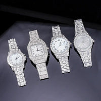 Luxury 4-Piece Silver Ice Flash Set – Cross Pendant Necklace, Cuban Link Chain, Bracelet & Watch  💎