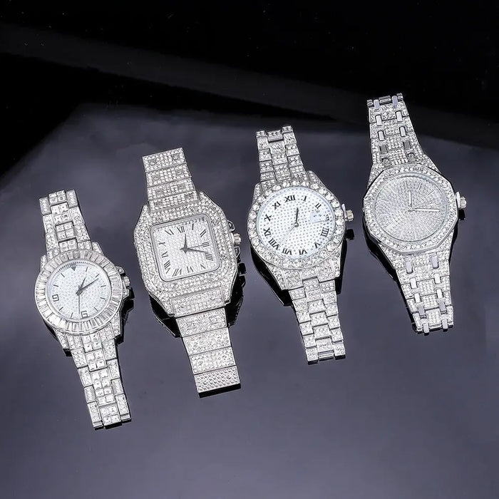 Luxury 4-Piece Silver Ice Flash Set – Cross Pendant Necklace, Cuban Link Chain, Bracelet & Watch  💎
