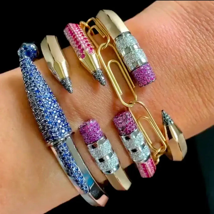 Luxury CZ Pencil Bangle Bracelet – 18K Gold Plated Crystal Cuff for Women 💎