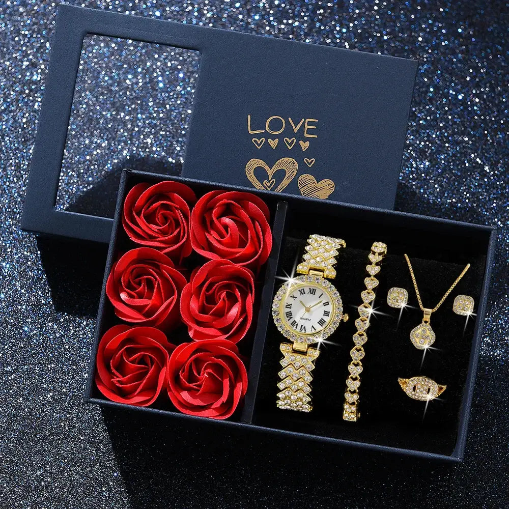 Luxury Diamond Women Gold Watch Bracelet Necklace 6Pcs Set Ladies 💎