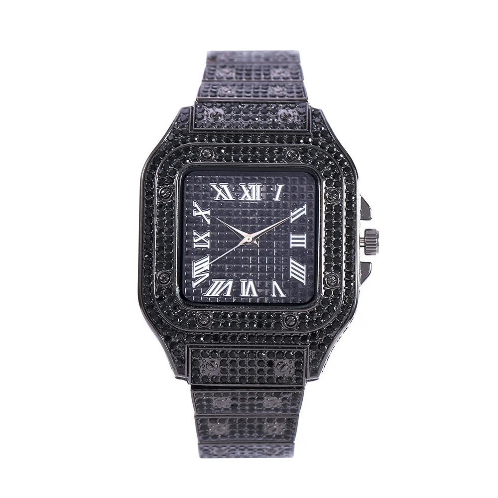 Luxury Full Diamond Square Watch Iced Out Crystal Quartz Wristwatch ⌚️