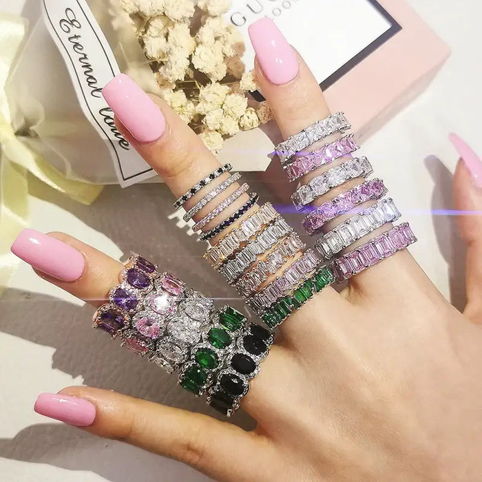 Luxury Green Black Pink Silver color Eternity Band Ring For Women 💍