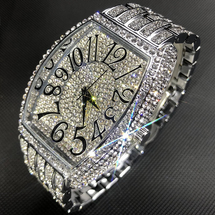 Luxury Ice Out Mens Watches Popular Tonneau Full Diamond Silver Geneva 💎