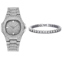 Luxury Iced Out Watches Bracelet Set Gold Silver Color Full Rhinestone 💎