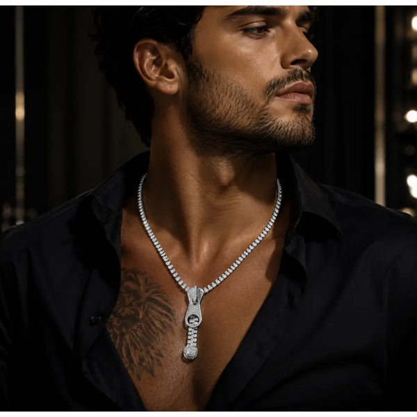 Luxury Iced Zipper Pendant Necklace – Premium Cubic Zirconia Unisex Statement Jewelry 💎
