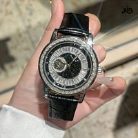 Luxury Leather & Crystal Accents Strap Watch Mechanical Movement  ⏱️