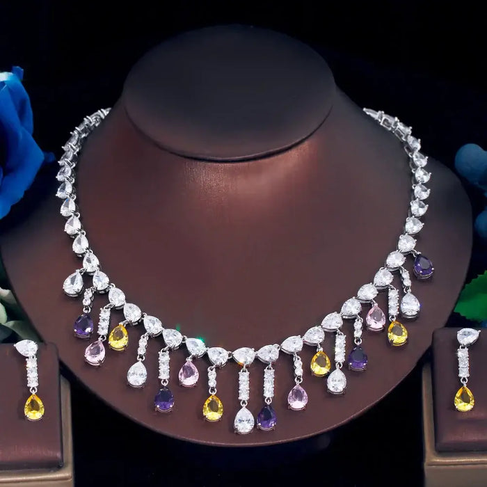 Luxury Multicolor Cubic Zirconia Water Drop Necklace & Earrings Set for Women ✨💎