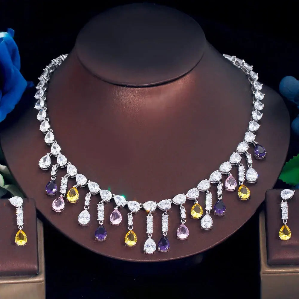 Luxury Multicolor Cubic Zirconia Water Drop Necklace & Earrings Set for Women ✨💎