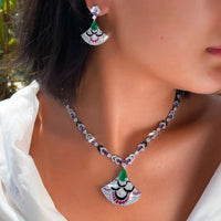 Luxury Multicolor Zirconia Fan Shape Jewelry Set for Women – Black Enamel Collection ✨🖤💎