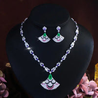 Luxury Multicolor Zirconia Fan Shape Jewelry Set for Women – Black Enamel Collection ✨🖤💎