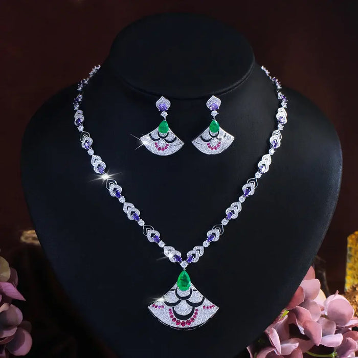 Luxury Multicolor Zirconia Fan Shape Jewelry Set for Women – Black Enamel Collection ✨🖤💎