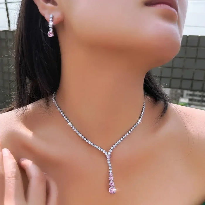 Luxury Pink Cubic Zirconia Bridal Necklace & Earrings Set for Women ✨💎