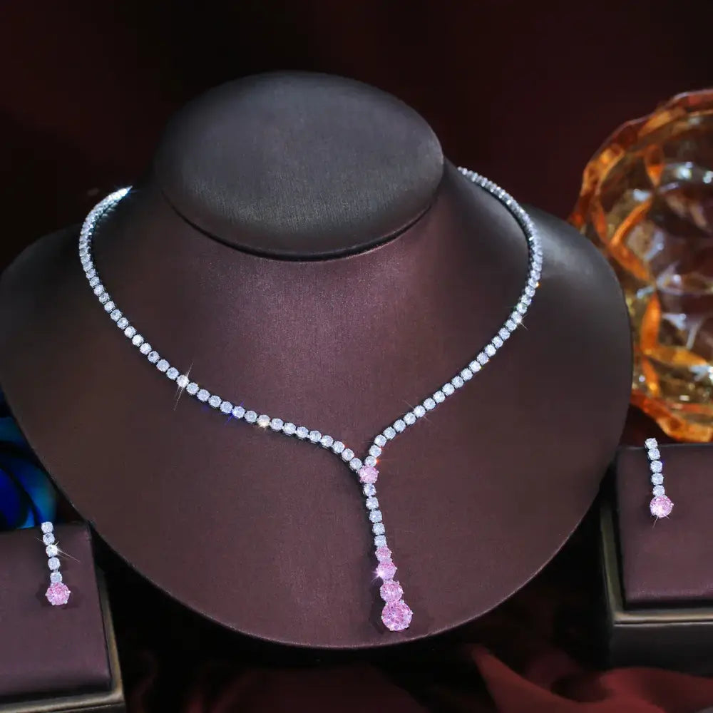 Luxury Pink Cubic Zirconia Bridal Necklace & Earrings Set for Women ✨💎