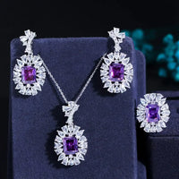 Luxury Purple & White Cubic Zirconia Jewelry Set for Women – Necklace, Earrings & Ring ✨💎