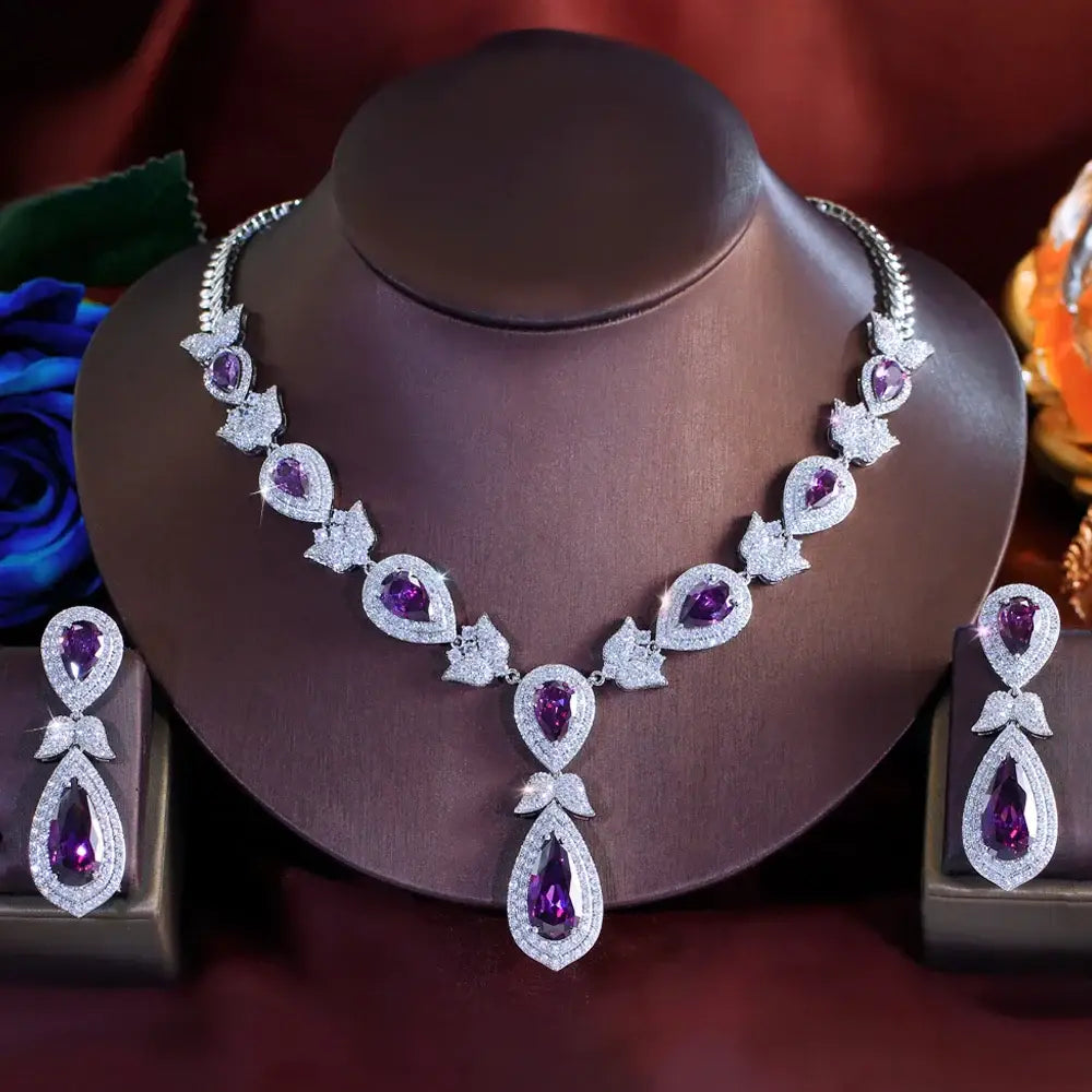 Luxury Purple & White Zirconia Water Drop Jewelry Set for Women – Bridal Necklace & Earrings ✨💜💎