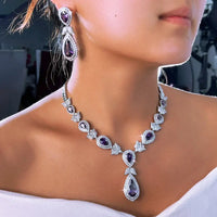 Luxury Purple & White Zirconia Water Drop Jewelry Set for Women – Bridal Necklace & Earrings ✨💜💎