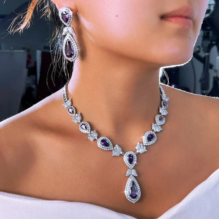 Luxury Purple & White Zirconia Water Drop Jewelry Set for Women – Bridal Necklace & Earrings ✨💜💎