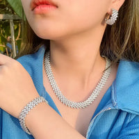 Luxury Round White Cubic Zirconia Necklace & Hoop Earrings Set for Women ✨💎