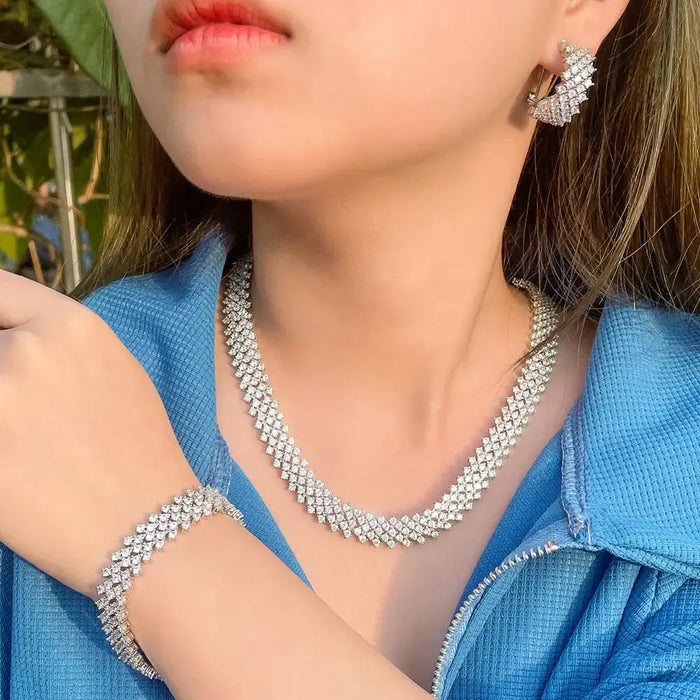 Luxury Round White Cubic Zirconia Necklace & Hoop Earrings Set for Women ✨💎