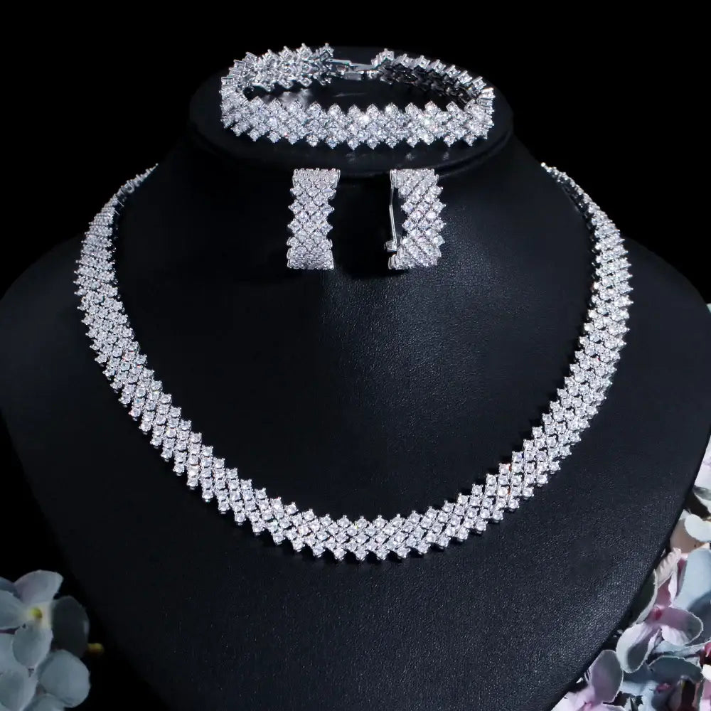 Luxury Round White Cubic Zirconia Necklace & Hoop Earrings Set for Women ✨💎