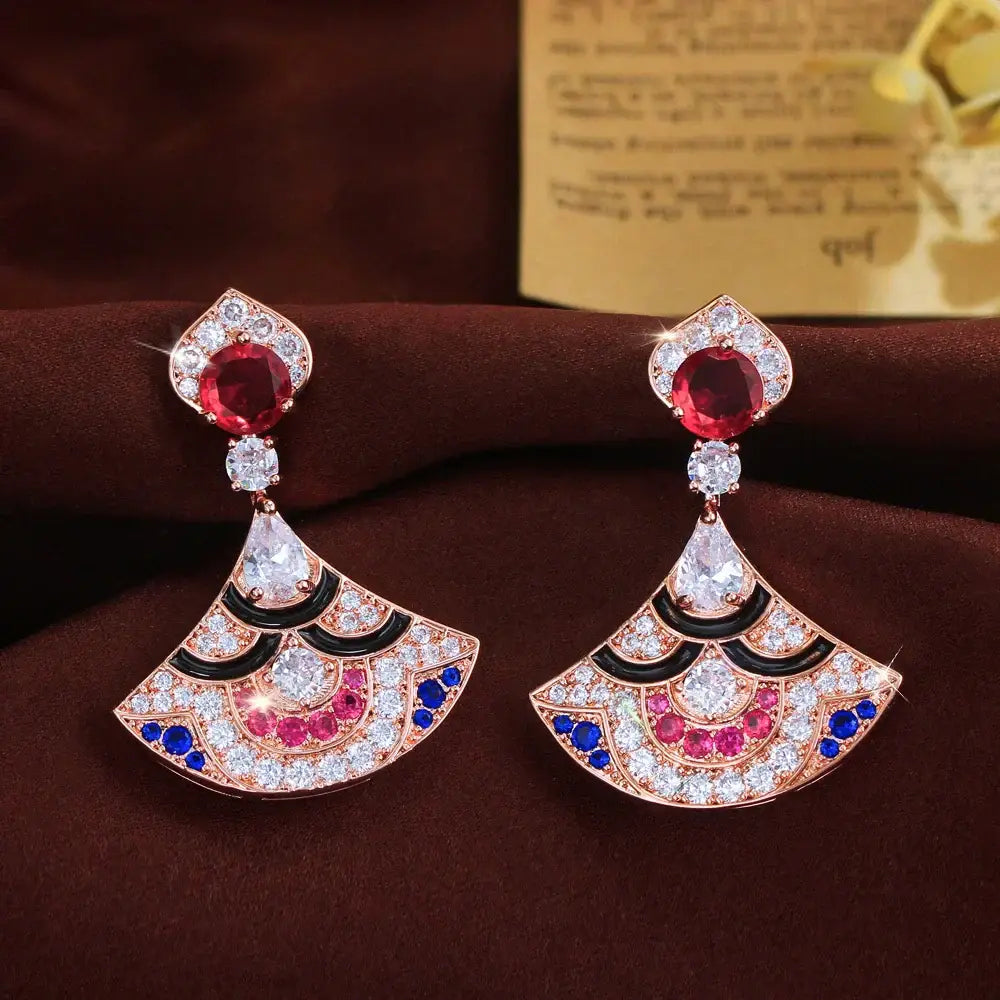 Luxury Shiny Multicolor Zirconia Long Geometric Sector Shape Dangle Earrings Jewelry 💎