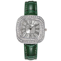 Luxury Square Ladies Full Star Diamonds Quartz Watch Casual Green Leather 💎