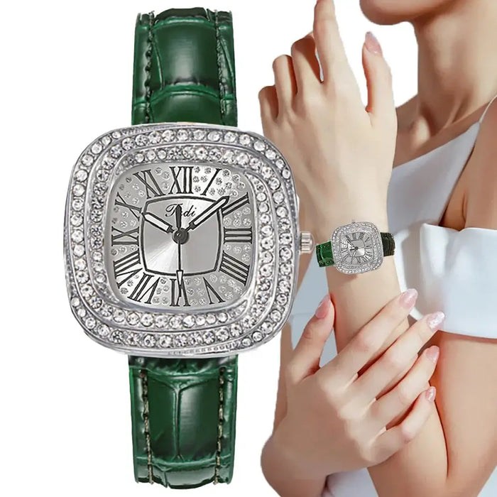 Luxury Square Ladies Full Star Diamonds Quartz Watch Casual Green Leather 💎