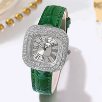 Luxury Square Ladies Full Star Diamonds Quartz Watch Casual Green Leather 💎