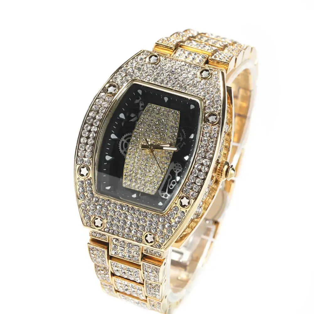 Luxury Watch For Men Black Dial Fashion Fully Iced Out Rhinestones Big Quartz ⌚️