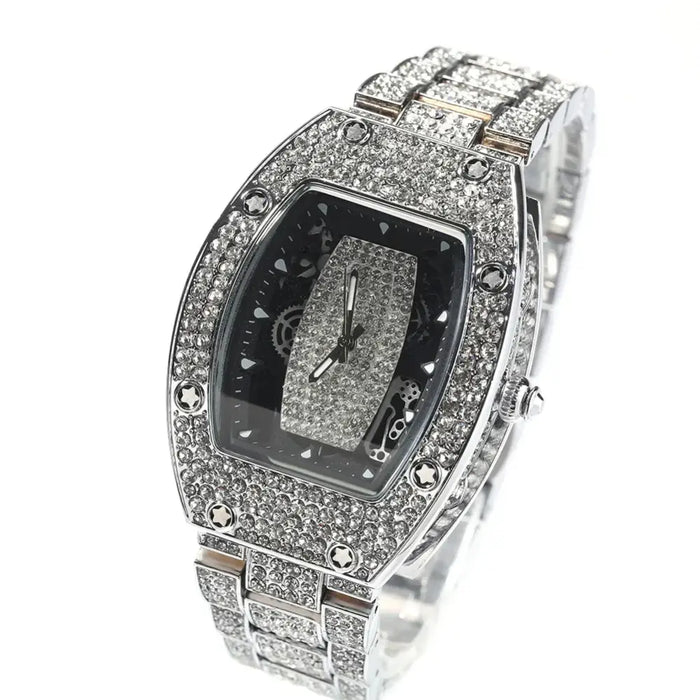 Luxury Watch For Men Black Dial Fashion Fully Iced Out Rhinestones Big Quartz ⌚️