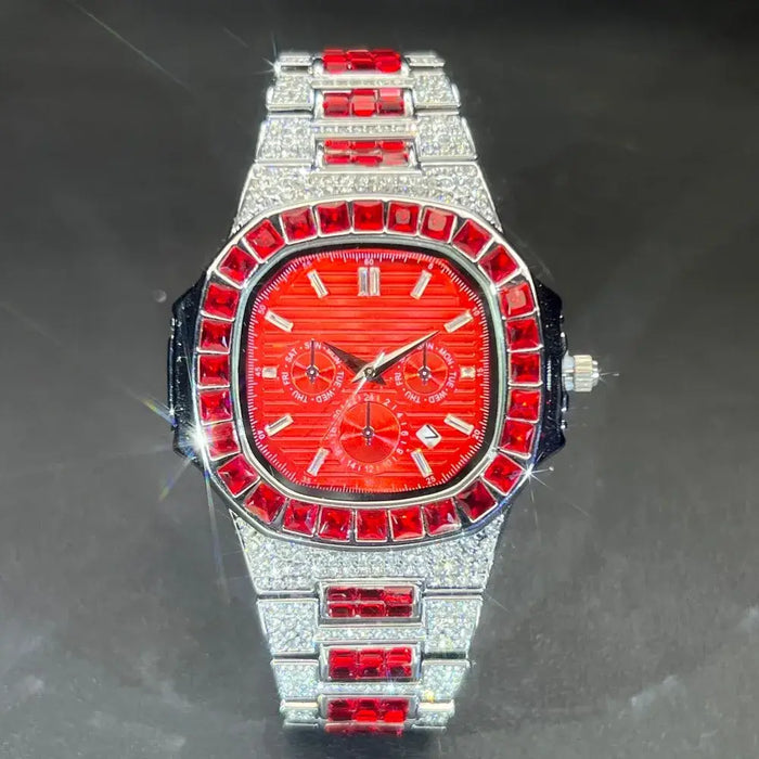 Luxury Watch For Men Red Dial Iced Out Diamond Quartz Waterproof Watch 💎