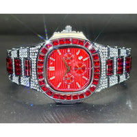 Luxury Watch For Men Red Dial Iced Out Diamond Quartz Waterproof Watch 💎