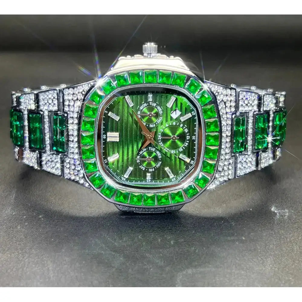 Luxury Watch For Men Red Dial Iced Out Diamond Quartz Waterproof Watch 💎