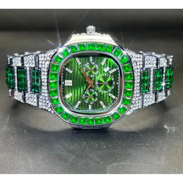 Luxury Watch For Men Red Dial Iced Out Diamond Quartz Waterproof Watch 💎