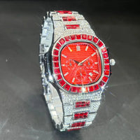 Luxury Watch For Men Red Dial Iced Out Diamond Quartz Waterproof Watch 💎