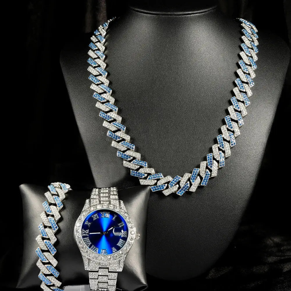Luxury Watch Jewelry Set Iced Out Punk Blue&Silver Cuban Chain+Bracelet Diamond Watch💎