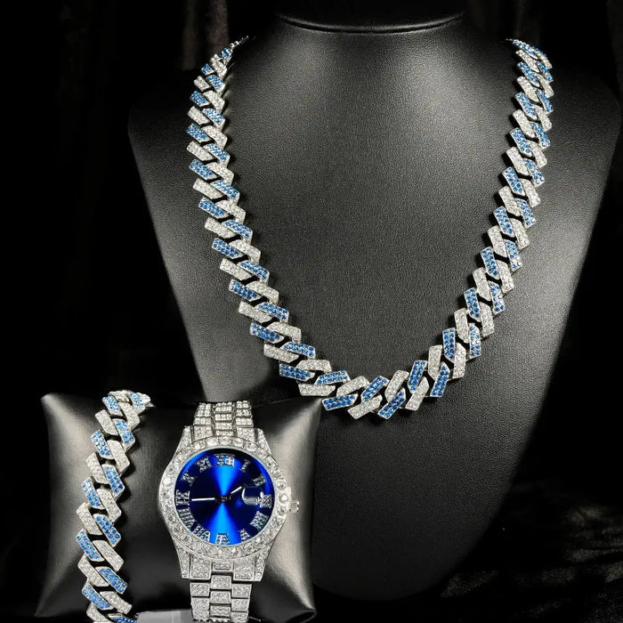 Luxury Watch Jewelry Set Iced Out Punk Blue&Silver Cuban Chain+Bracelet Diamond Watch💎