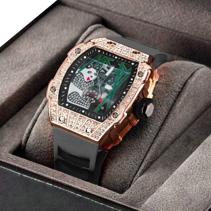 Panda Bamboo Hollow Carving Full Diamond Case Tonneau Quartz Watch ⌚️