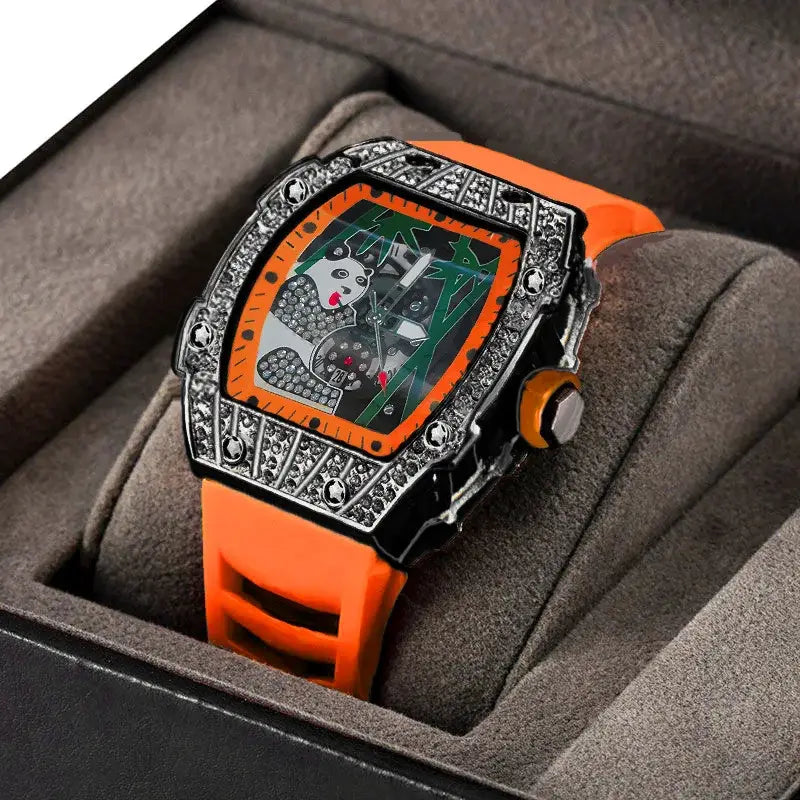 Panda Bamboo Hollow Carving Full Diamond Case Tonneau Quartz Watch ⌚️