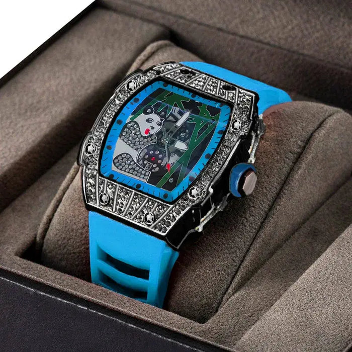 Panda Bamboo Hollow Carving Full Diamond Case Tonneau Quartz Watch ⌚️