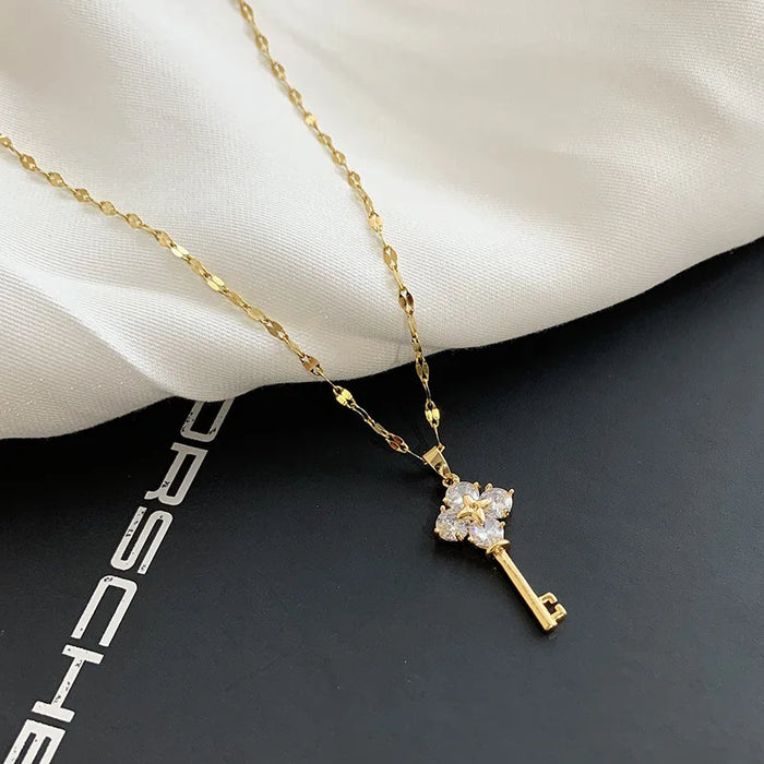 Pendant Necklaces Zircon Key Pendant Stainless Steel Necklace ✨