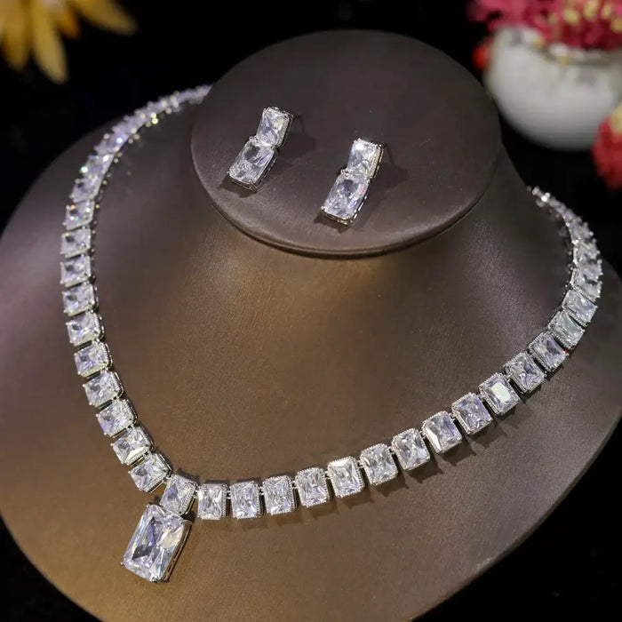Platinum Plated Luxury Big White Rectangle Cubic Zirconia pendant Necklace Set 💎