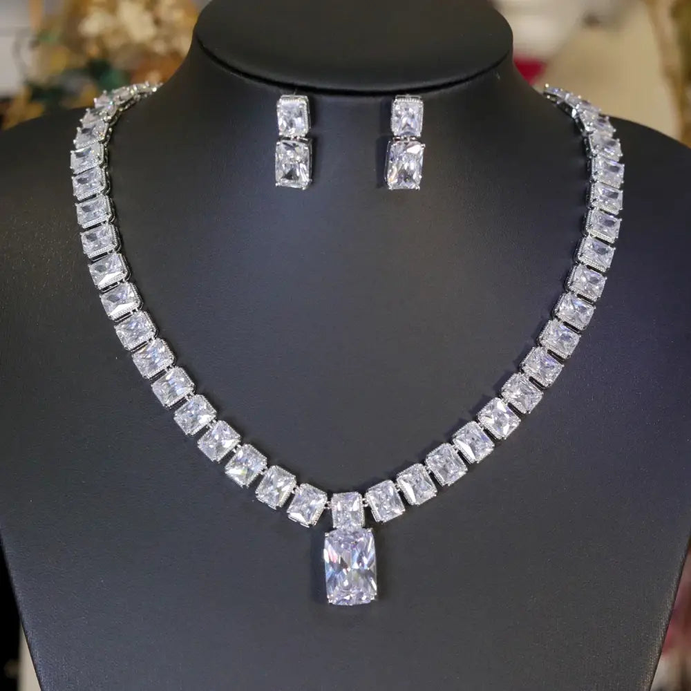 Platinum Plated Luxury Big White Rectangle Cubic Zirconia pendant Necklace Set 💎
