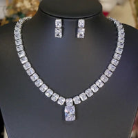 Platinum Plated Luxury Big White Rectangle Cubic Zirconia pendant Necklace Set 💎