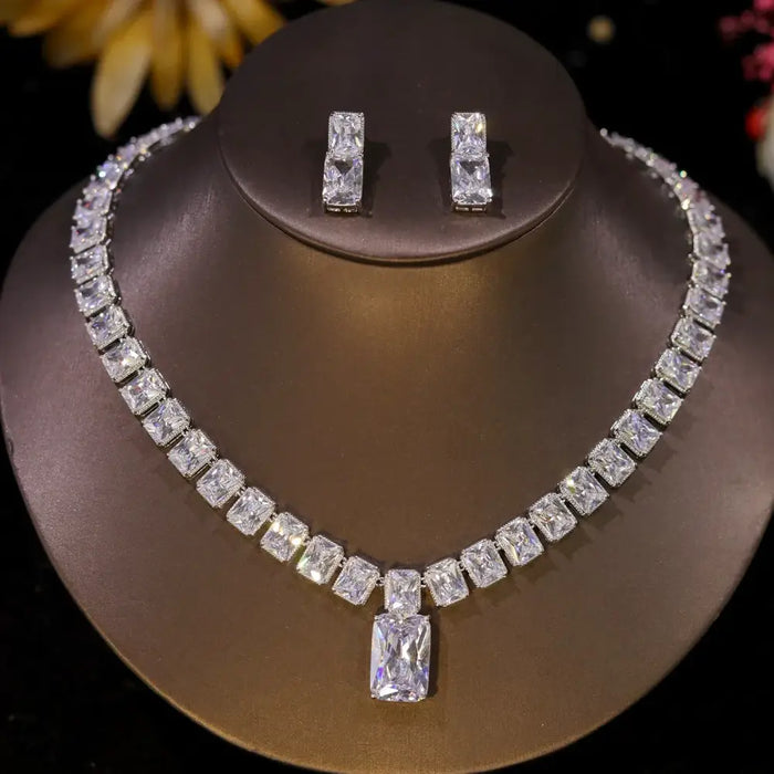 Platinum Plated Luxury Big White Rectangle Cubic Zirconia pendant Necklace Set 💎